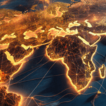 immagine di una sorta di cartina del mondo con i contorni fluorescenti e linee rosse che tracciano le varie rotte tra un paese el'altro