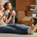una coppia di due donne sedute a terra con una tazza in mano intorno a loro tanti scatoloni