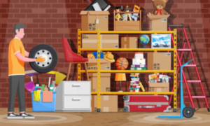 disegno di un garage pieno di oggetti scatoloni e varie con un uomo con una gomma di una ruota in mano